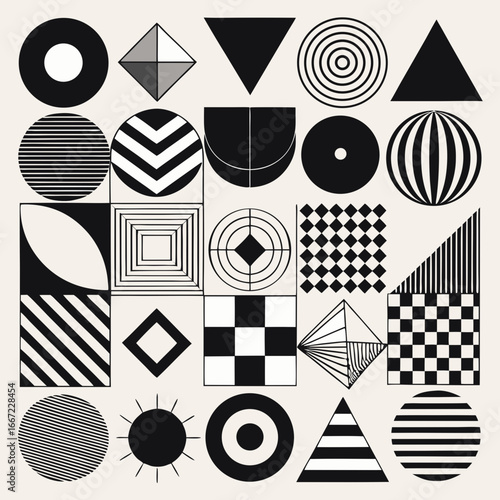 Abstract geometric shapes and patterns in a modern bauhaus style composition