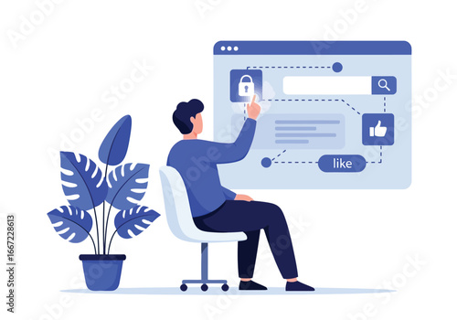 Vector art of man sitting on chair interacting with a digital interface on a large screen, concept of online security and user experience