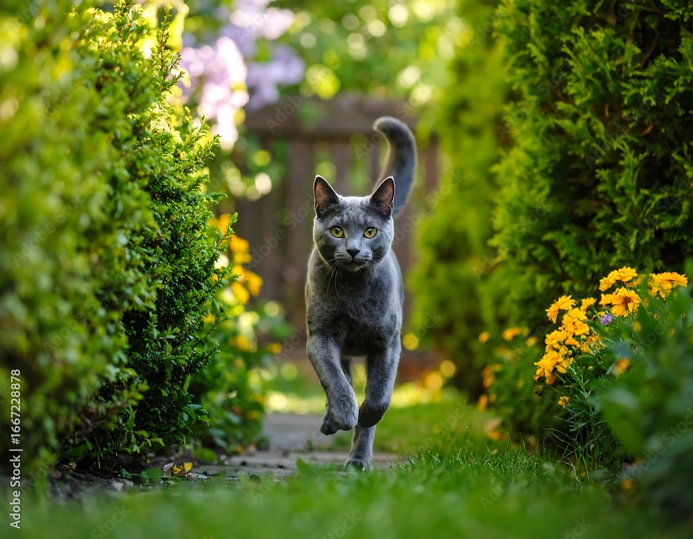 Fototapeta premium Gray cat running through a garden pathway