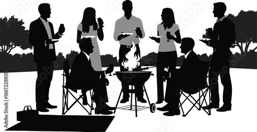 Business People Silhouette Enjoying Outdoor Barbecue Party With Drinks vector illustration