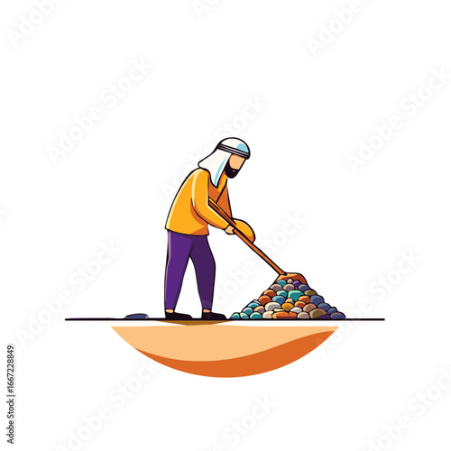 Man in traditional headdress moves colorful rocks with a tool