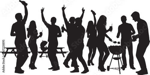 Diverse Group Silhouette Dancing And Celebrating At Outdoor Barbecue Party vector