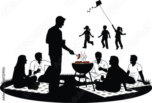 Friends and children enjoying a picnic and kite flying at a barbecue grill