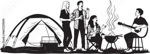 Friends Camping Together With Tent Guitar And Campfire Barbecue vector illustration