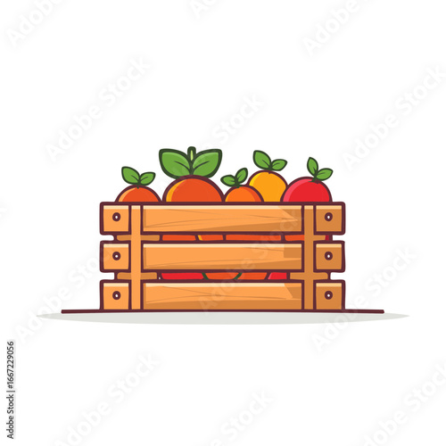 Wooden crate overflowing with colorful assorted fresh fruits and leaves