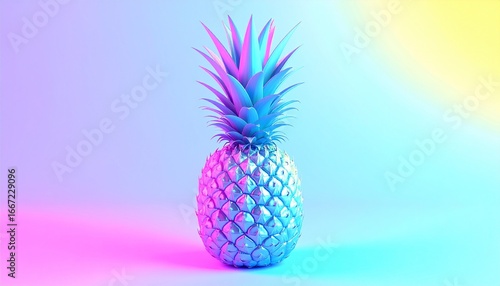 Vibrant pineapple with neon lighting in pink, blue, and purple hues.