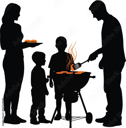 Silhouette of a family enjoying a barbecue with burgers on the grill cooking food