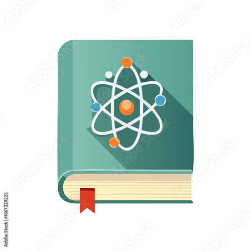 Modern flat design illustration of a science textbook with a prominent atom symbol and a red bookmark