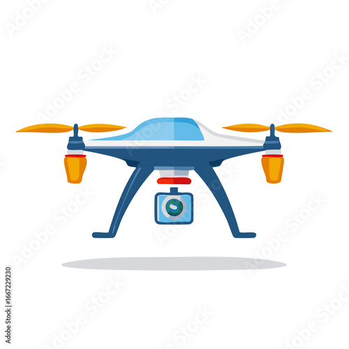 Sleek blue and white drone equipped with camera for aerial photography and video