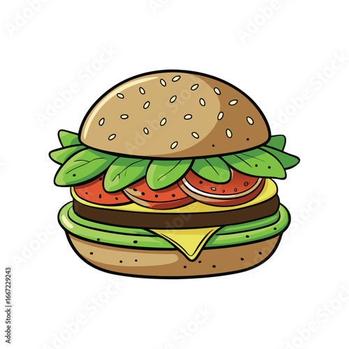 Delicious veggie burger with fresh lettuce tomato and creamy avocado advertising banner design