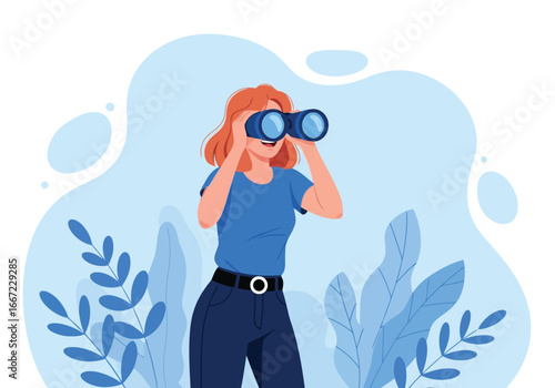 Vector art of a woman looking through binoculars, searching for something, with a light blue abstract background and green foliage