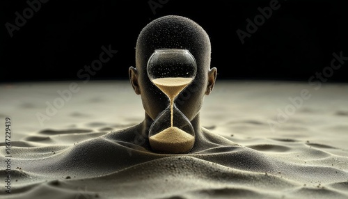 A human silhouette made of cascading sand timers, each leaking time into the figure below