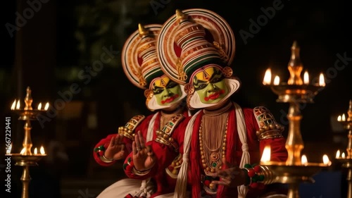 dramatic kathakali dancers performing at night. elaborate costumes, painted faces illuminated by flickering oil lamp kalivilakku. concept of traditional indian art, culture.