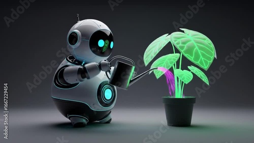 Cute Futuristic Robot Watering Neon Plant – AI Sustainability Concept
