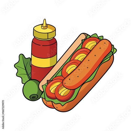 Delicious bacon wrapped hot dogs with tangy pickles and zesty mustard illustration