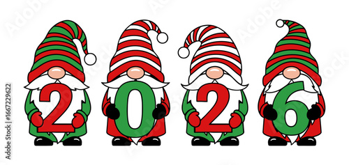 Christmas gnomes holding 2026 year numbers, Happy New Year cute illustration