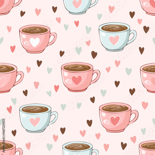 Seamless cute coffee and tea cups with hearts pattern. Perfect for Valentine’s Day, love themes, wrapping paper, textiles, backgrounds, and romantic holiday designs