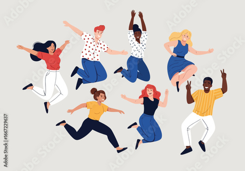 Vector art of diverse group of seven people joyfully jumping in the air with excitement and happiness, celebrating success and freedom