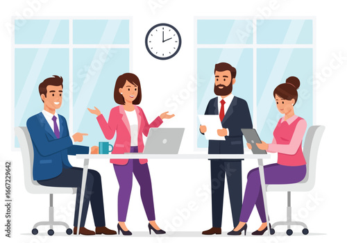 Vector art of business meeting with four people collaborating around a table in a modern office with a clock on the wall and large windows