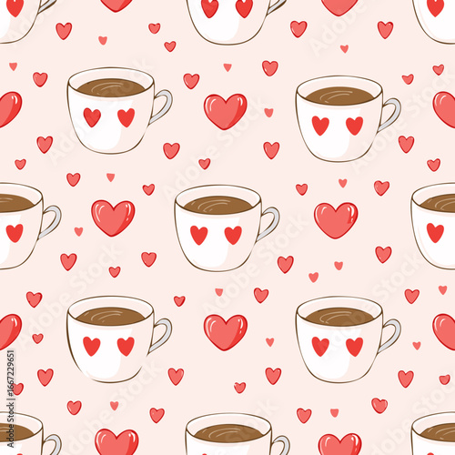 Seamless cute coffee and tea cups with hearts pattern. Perfect for Valentine’s Day, love themes, wrapping paper, textiles, backgrounds, and romantic holiday designs
