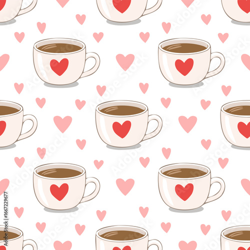 Seamless cute coffee and tea cups with hearts pattern. Perfect for Valentine’s Day, love themes, wrapping paper, textiles, backgrounds, and romantic holiday designs