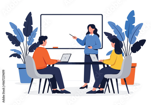 Vector art of business presentation with a female instructor teaching two students in a modern classroom with plants and a whiteboard