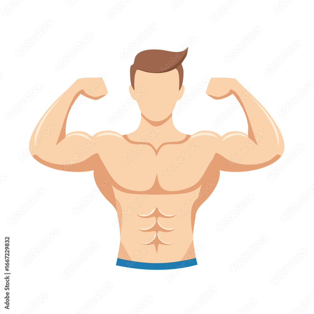 Fototapeta premium Man with Muscular Physique Flexing Biceps, Bodybuilder Showing Arms Strength, Body Positive Illustration