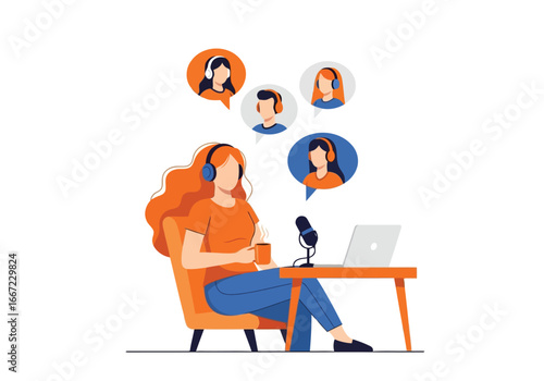 Vector art of a female podcast host with headphones and microphone records an episode, interacting with listeners through speech bubbles