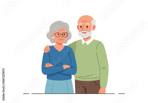 Vector art of elderly couple, a man and a woman, standing together with the mans arm around the womans shoulder
