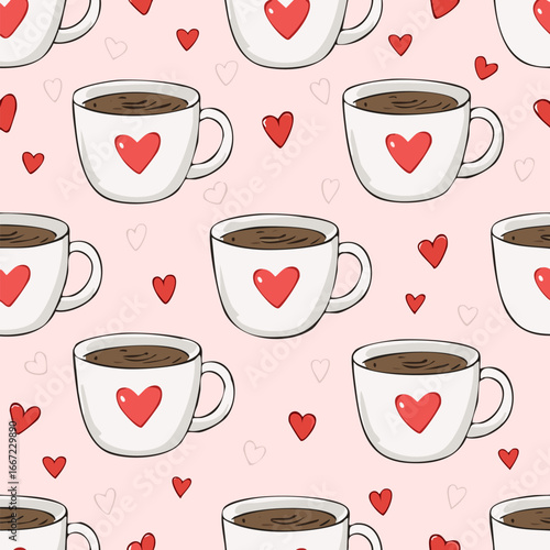 Seamless cute coffee and tea cups with hearts pattern. Perfect for Valentine’s Day, love themes, wrapping paper, textiles, backgrounds, and romantic holiday designs