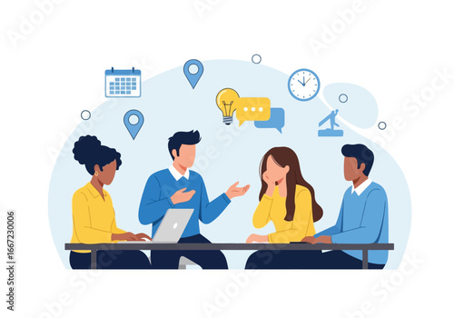 Vector art of a diverse team of professionals engaged in a collaborative meeting, discussing ideas and planning strategies around a table with a laptop, symbolizing teamwork and business success