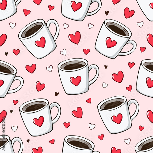 Seamless cute coffee and tea cups with hearts pattern. Perfect for Valentine’s Day, love themes, wrapping paper, textiles, backgrounds, and romantic holiday designs