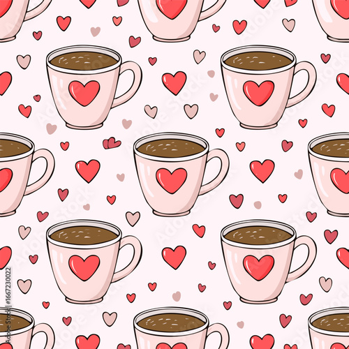 Seamless cute coffee and tea cups with hearts pattern. Perfect for Valentine’s Day, love themes, wrapping paper, textiles, backgrounds, and romantic holiday designs