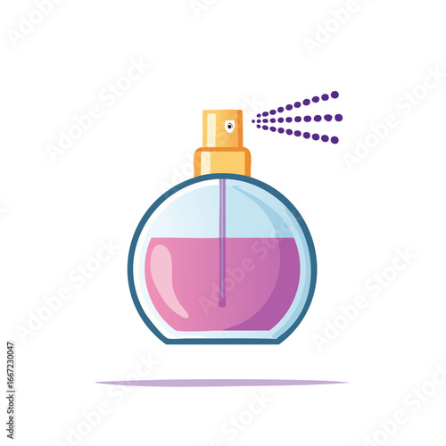 Stylish round pink perfume bottle with golden sprayer actively dispensing fragrance vector graphic