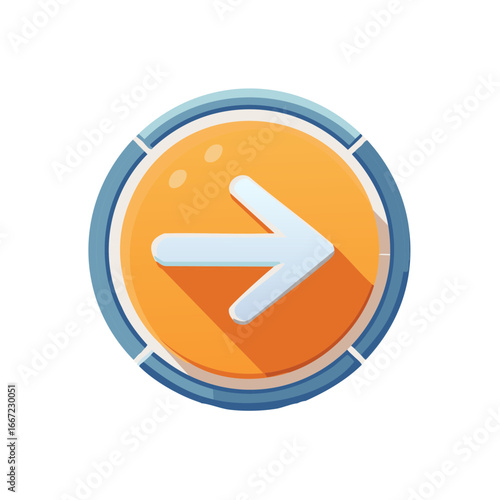 Flat design right arrow icon in orange circle with blue frame for forward navigation