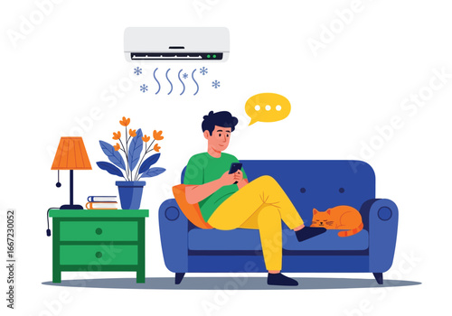 Vector art of man relaxing on a blue sofa using his phone with an air conditioner cooling the room, a cat sleeps on the couch, illustration in flat design style