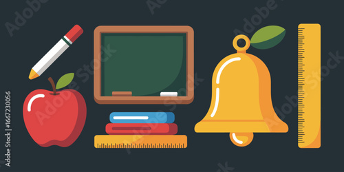Illustration of school supplies including an apple, books, bell, ruler, board, and a marker pen