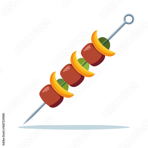 Barbecue kebab with meat and peppers on a metal skewer flat design illustration