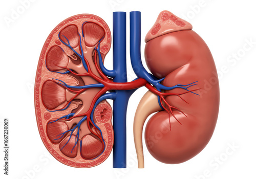 Isolated 3D Render of a Cross-Section of a Human Kidney with Veins and Arteries