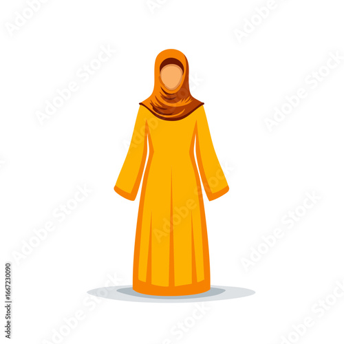 Faceless woman wearing traditional yellow abaya and brown hijab Islamic modest attire illustration