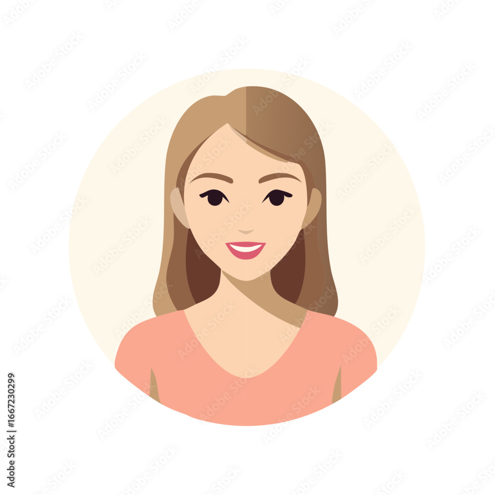 Young woman portrait with brown hair and smiling face in flat design style Young woman portrait with brown hair and smiling face in flat design style