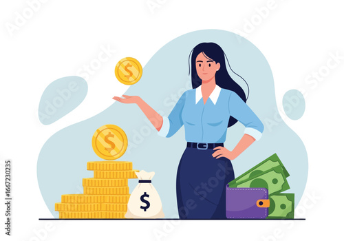 Vector art of woman holding gold coin with stacks of coins, money bag, and wallet with banknotes, representing financial success and wealth management