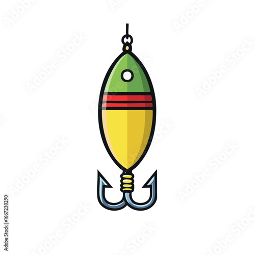 Brightly colored fishing spoon lure with sharp treble hook vector illustration