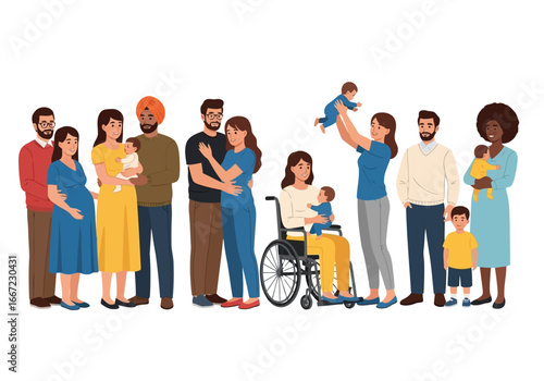 Vector art of a diverse group of families and individuals, including a pregnant woman and a person in a wheelchair, celebrating togetherness and inclusion