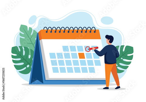 Vector art of man marking a date on a desk calendar with a pen, surrounded by tropical leaves, symbolizing planning and scheduling for business or personal events
