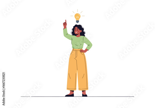 Vector art of woman with a bright idea, light bulb glowing above her head, representing innovation, creativity, inspiration, and problemsolving in a simple flat illustration