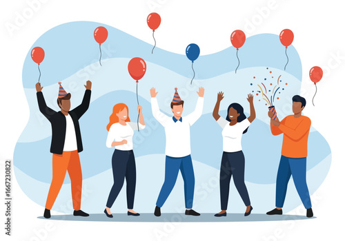 Vector art of group of diverse people celebrating with party hats and balloons, throwing confetti, signifying a party, celebration, joy, and festive occasion in a flat illustration