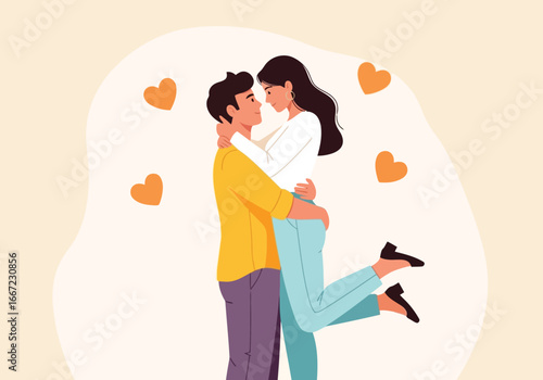 Vector art of romantic couple embracing affectionately, expressing love and togetherness with hearts floating around them