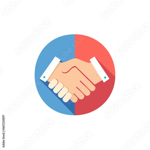 Symbolic Handshake Icon on Red and Blue, Representing Collaboration or Deal Agreement, Flat Design