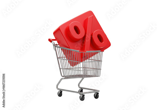 Isolated 3D Render of a Shopping Cart with a Red Percentage Sign